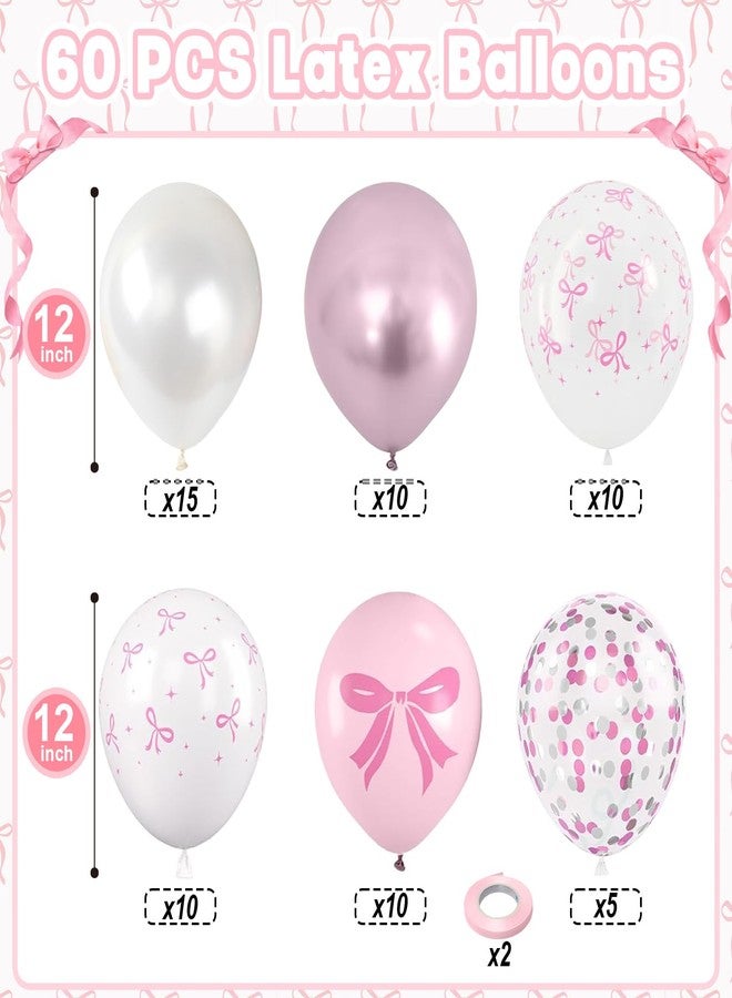 Togvu Pink Bow Balloons, 60 Pcs 12 inch Light Baby Pink Pearl White Balloons, Bow Printed Balloon Metallic Confetti Balloon for Girl Women Princess Birthday Baby Shower Bachelorette Wedding Party Decoration - Image 2